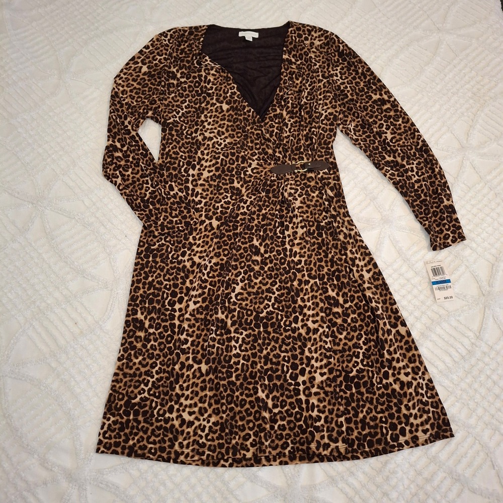 Charter Club Women XL Faux Wrap Dress Leopard Print Brown Buckle Long Sleeve NWT